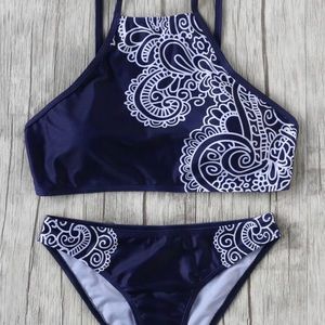 Navy Tribal Print Top with Low Rise Bikini